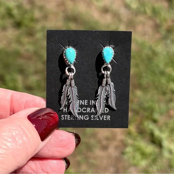 Native American Made Sterling Turquoise Feather Earrings - Picture 2 of 8